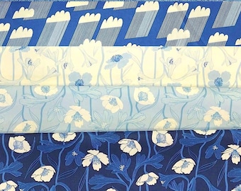 Ruby Star WATER - cotton quilt fabric bundle, Blue White 4 pieces