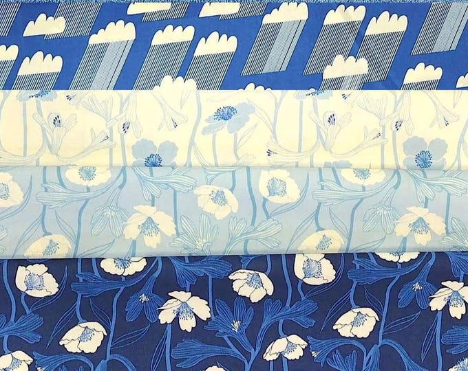Ruby Star WATER - cotton quilt fabric bundle, Blue White 4 pieces