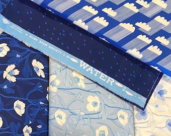 Ruby Star WATER - cotton quilt fabric bundle, Blue White 5 pieces (4x half yard cuts + 14.5" remnant)