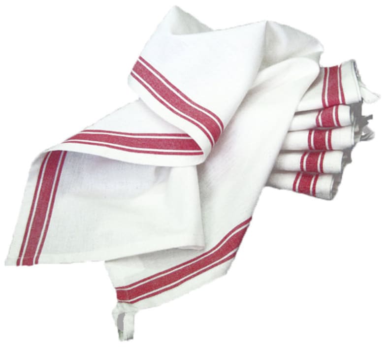 May include: A stack of white kitchen towels with red stripes. The towels are folded and stacked on top of each other.