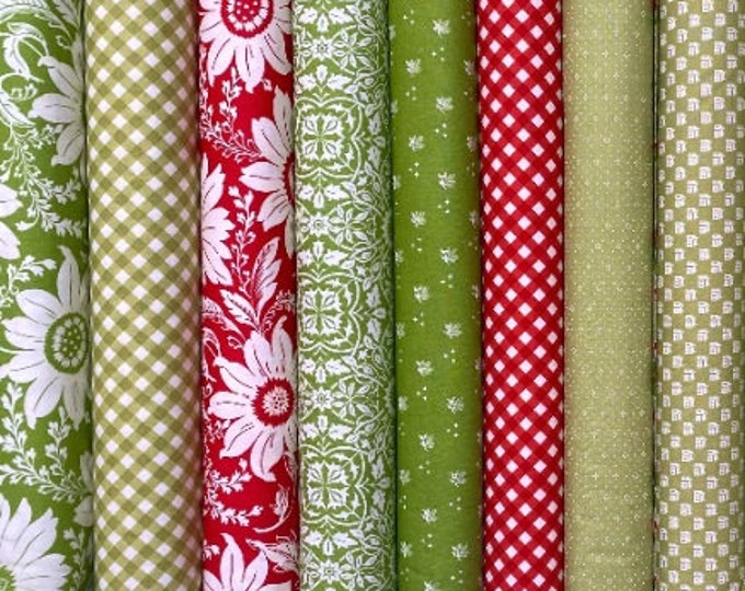 Christmas Stitched by Fig Tree for Moda - Green Red, 8 Fat Quarters