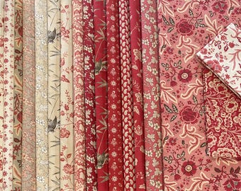 Rouenneries Trois French General - Antique Vintage Inspired 18th to 19th century, France Red Neutral colors - fabric bundle 17 pieces