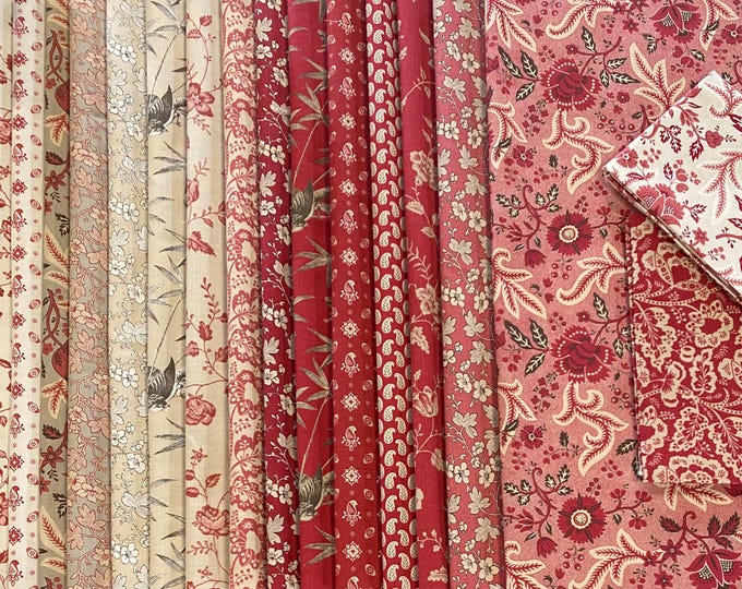 Rouenneries Trois French General - Antique Vintage Inspired 18th to 19th century, France Red Neutral colors - fabric bundle 17 pieces