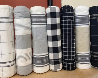 Moda Easy Living Toweling Stripes Plaid 18” Wide toweling black silver white flax - by the yard - Farmhouse Urban Modern chic