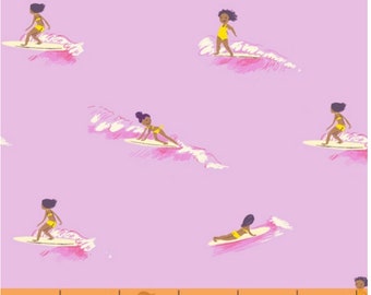 Tiny Surfers Malibu by Heather Ross, quilting cotton fabric HR52146-7 Pink, half yard
