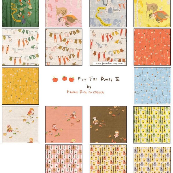 Heather Ross Far Far Away III cotton LINEN for Kokka Japan, 17-pc FQ set - FFA3 Fat Quarter fabric bundle