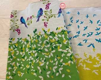 ECHINO Bird Song by Etsuko Furuya, Cotton Linen fabric Border  EF10C Green Yellow - by the yard