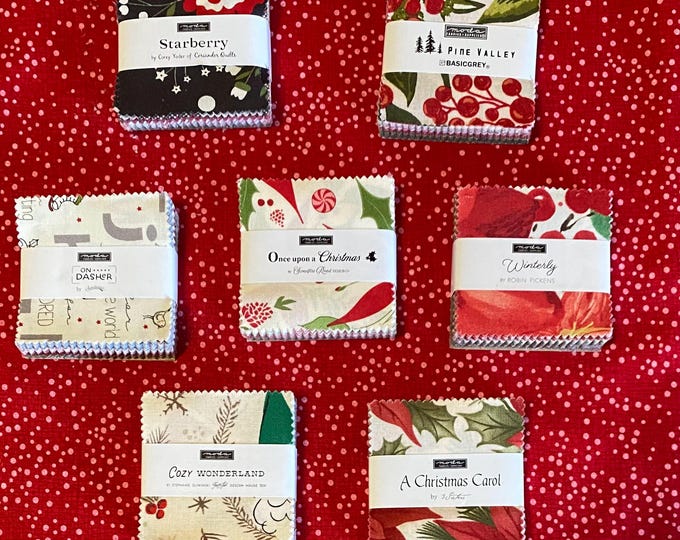 7 Packs Christmas mini charm 2.5" fabric squares, Out-of-print Moda Holiday precuts - Stocking stuffer assortment