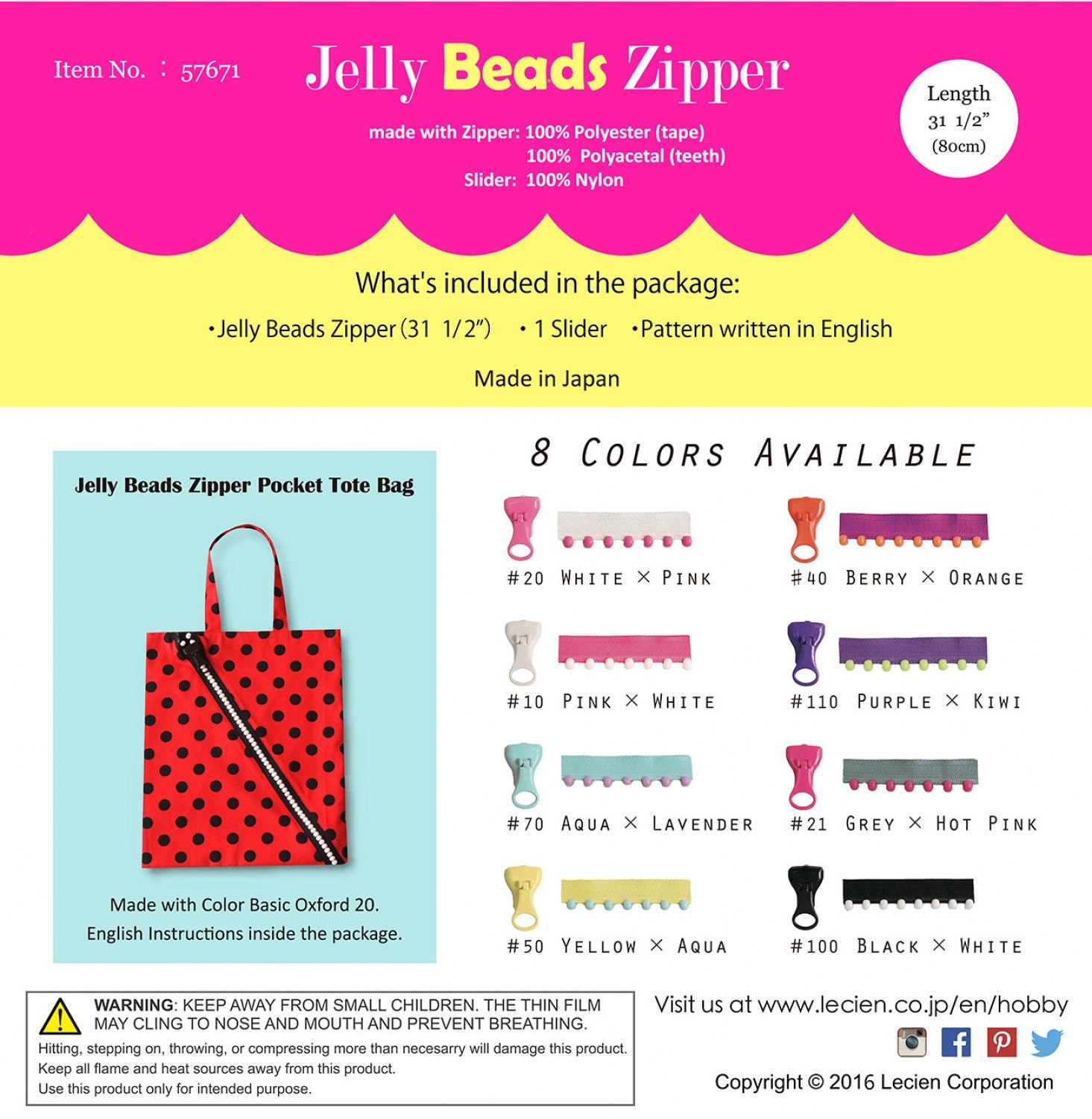 Lecien Jelly BEADS Zipper, slider and tote bag pattern 1 zipper per package choose a color