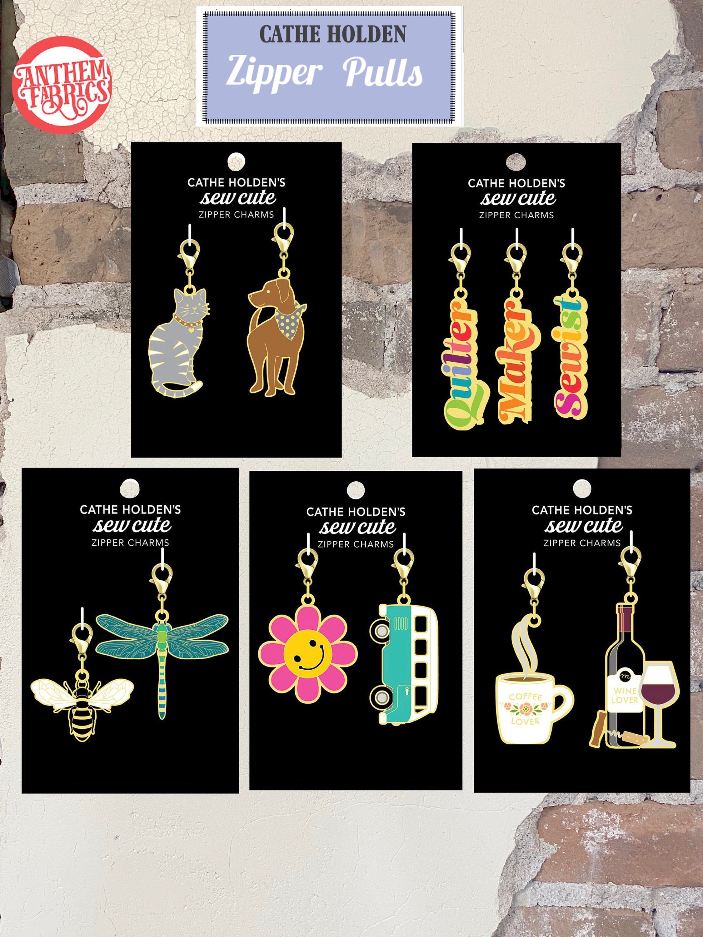 Enamel Zipper Pulls by CATHE Holden. Options: Dog Cat, Words, Insects,  Flower Bus, Drinks