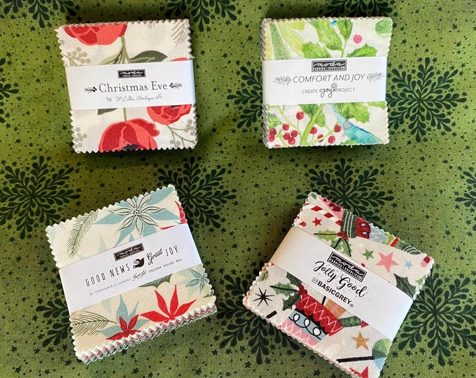 Moda Christmas MINI CHARM 2.5" fabric squares - Holiday Stocking stuffer MODA assortment set, 4 Packs