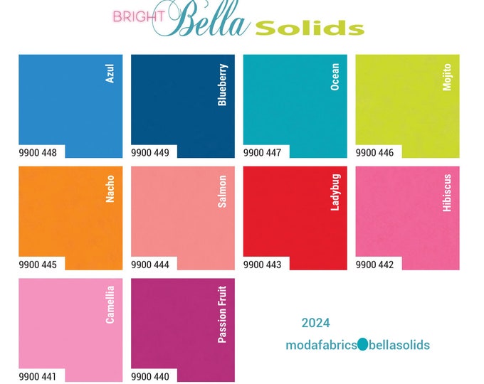 NEW 2024 BELLA SOLIDS by Moda - Bright Colorway, 10 assortment