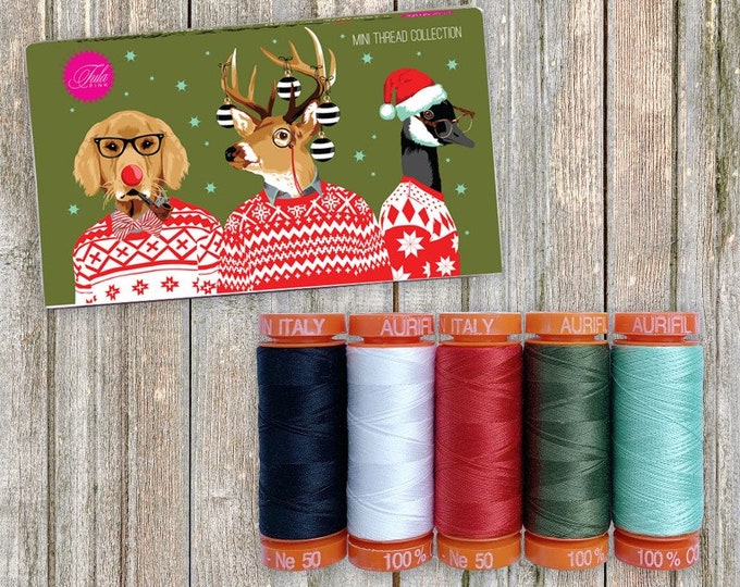 Holiday Homies Tula Pink Designer Aurifil Thread Assortment Set  - Mini boxed Mako 50wt, 5 small spools