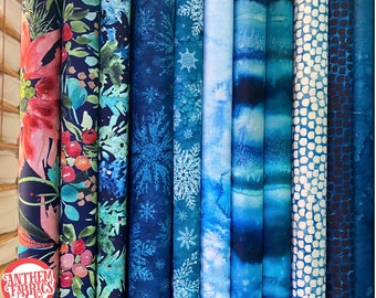 Create Joy Starflower Christmas  fabric by Moda ~ bundle, Cool blues, 11 fat quarters
