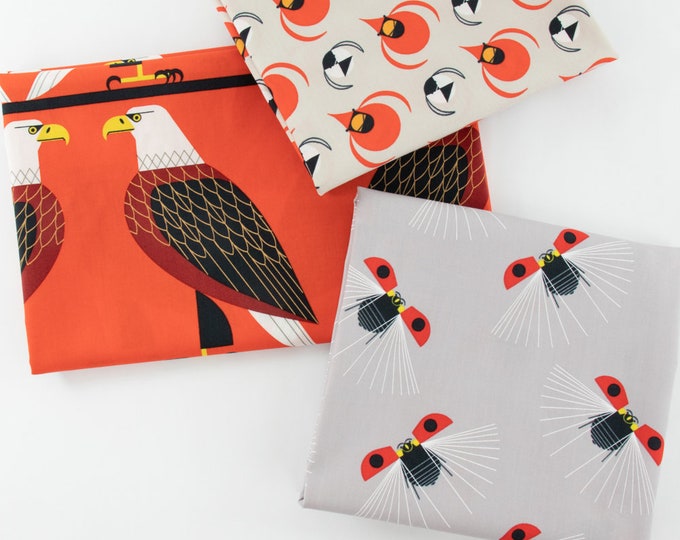 Charley Harper SUMMER VOL.2  - GOTS certified organic cotton, Mini  Fabric Bundle #2 Red Black, 3 pieces