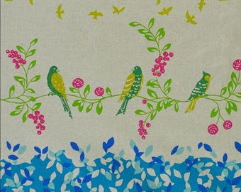 ECHINO Bird Song by Etsuko Furuya, Cotton Linen fabric Border EF10B Bight Blue - select a length