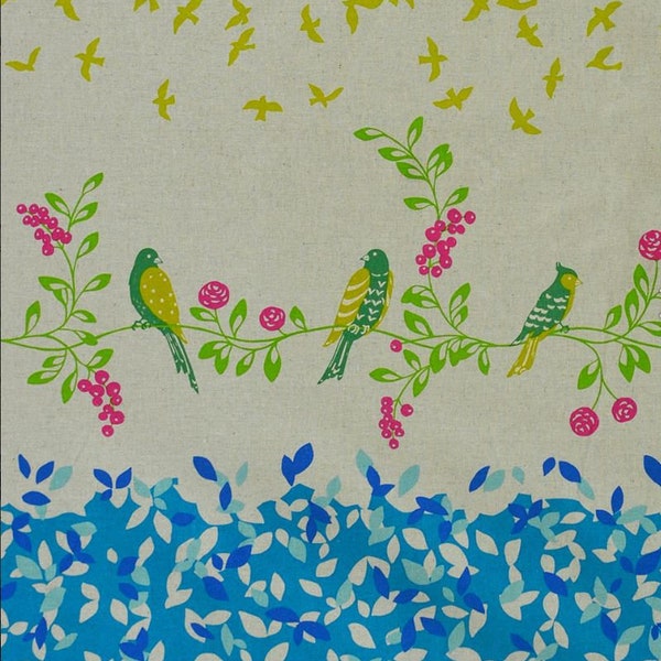 ECHINO Bird Song by Etsuko Furuya, Cotton Linen fabric Border EF10B Bright Blue - 1 yard