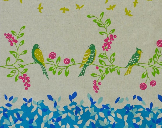 ECHINO Bird Song by Etsuko Furuya, Cotton Linen fabric Border EF10B Bight Blue - select a length