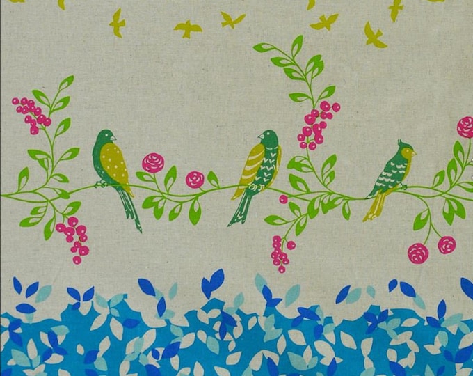 ECHINO Bird Song by Etsuko Furuya, Cotton Linen fabric Border EF10B Bright Blue - 1 yard