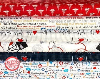 Calling All Nurses - cotton fabric bundle healthcare heroes - 5 pieces half yard cuts + a 3/4-yard remnant cut