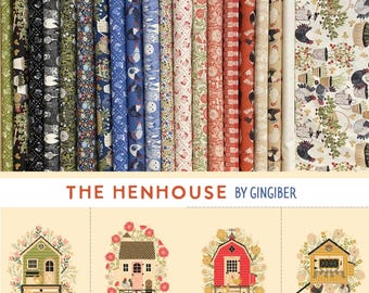 The Henhouse Fabric Bundle • Chicken & Floral Prints • 20 pieces + Panel • Gingiber for Moda