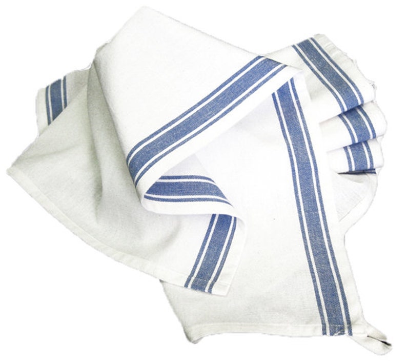 May include: White kitchen towel with two blue stripes along the edge. The towel is folded and has a loop for hanging.