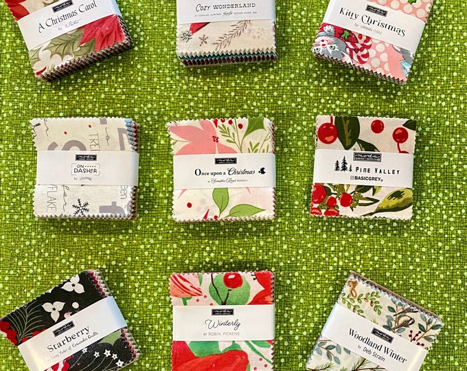 9 Packs Christmas mini charm 2.5" fabric squares - 2024 Holiday Stocking stuffer MODA assortment