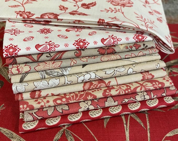 Rouenneries Trois French General - Antique Vintage Inspired 18th to 19th century, France Red Neutral colors - fabric bundle 11 pieces
