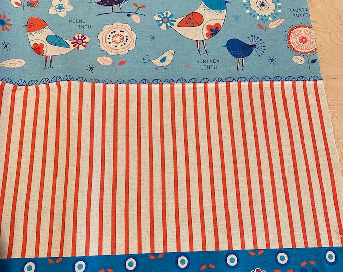 Cotton Linen fabric Minakoko by Koko Seki for Lecien L40581-70-Black-Light Blue-Orange, Retro inspired Scandinavian Bird Border, 1 yard