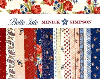 Belle Isle by Minnick & Simpson, Americana quilting fabric bundle, Red White Blue Pink - 21 fat quarters