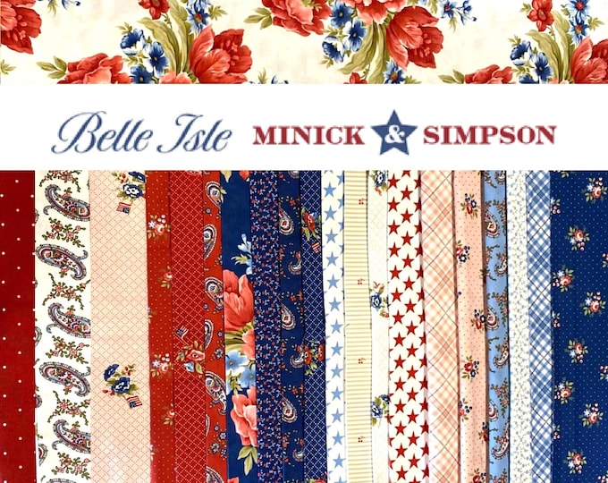 Belle Isle by Minnick & Simpson, Americana quilting fabric bundle, Red White Blue Pink - 21 fat quarters
