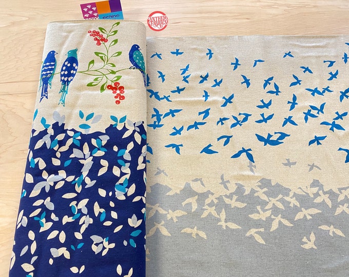 ECHINO Bird Song by Etsuko Furuya, Cotton Linen fabric Border EF100_10D Navy Blue, End of Bolt  1.4 yards