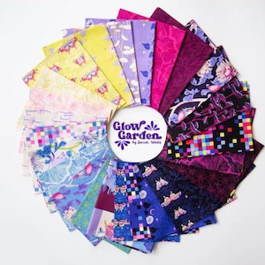 May include: A collection of fabric swatches arranged in a circular pattern, showcasing a variety of colorful floral and butterfly designs. The color palette includes pinks, purples, blues, and yellows. The center features a white circle with the text "Glow Garden by Sarah Watts."