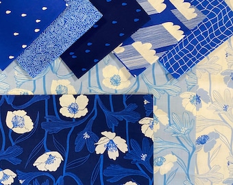 Ruby Star WATER - cotton quilt fabric bundle, Blue White 8 Fat Quarters