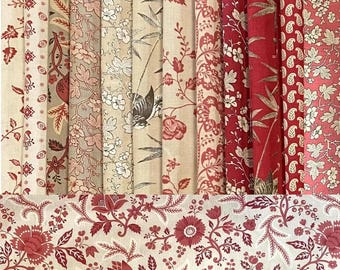 Rouenneries Trois French General - Antique Vintage Inspired 18th to 19th century, France Red Neutral colors - fabric bundle 13 pieces