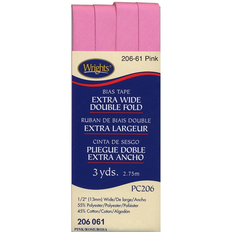 Wrights Bias Tape DF206 DOUBLE FOLD - Extra Wide 1/2 inch , 3 yards 061 PINK