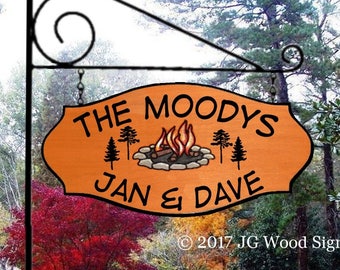 Personalized Wood Family Name Sign Etsy Outdoor Camper Sign Pine Tree Campfire Wooden Custom Camping w Sign Holder Option Dad Gift Moody