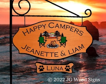 Custom RV Outdoor Wood Camping Name Signs - Colored Campfire Pine Sunset Camp Chair Everything Graphic Carved Cedar Sign JeanetteLiam