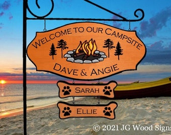 Outdoor Family RV Name Sign Etsy Colored Campfire w pine trees with addon options Camping Sign RV Camper Sign Holder JGWoodSigns DaveAngie