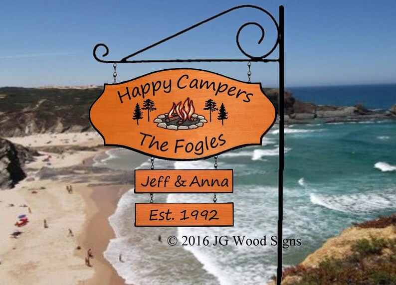 Outdoor Family RV Name Sign Etsy Colored Campfire w pine trees Etsy