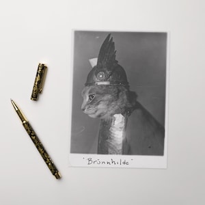 Carte de voeux drôle de chat Brünnhilde - art de chat d'opéra d'inspiration vintage, voeux unique pour les amateurs de musique et de chat, blanc à l'intérieur