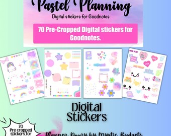 May include: A set of 70 pastel-colored digital stickers for Goodnotes. The stickers feature a variety of designs, including hearts, stars, rainbows, clouds, and flowers. The text "Pastel Planning" and "Digital Stickers" is also included in the image.