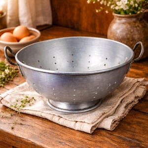 May include: A vintage-style, aluminium colander with two handles, resting on a beige linen cloth. The colander has numerous small holes and sits on a wooden table. A bowl of eggs and a vase of flowers are in the background.