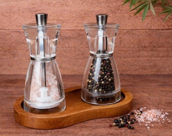 Set of Cole & Mason Pina Salt and Pepper Mills on Teak Tray