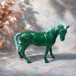 8.5” Tall Vintage Trentham Art Ware Ceramic Horse Figurine / Vibrant Emerald Green Turquoise Drip Glaze/ Mid Century Devon England Pottery