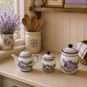 Puede incluir: Un juego de cocina de cerámica que incluye una tetera, un tarro pequeño con tapa y un recipiente más grande con tapa, decorados con flores moradas pintadas a mano, hojas verdes y bordes color lavanda. Acabado en blanco brillante con detalles.