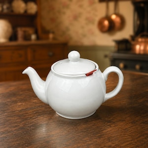 Vintage London Tea Company Original Chatsford stengods tekanna 6 koppar klassisk vit stil / Tillverkad i England inkl. röd teinsats