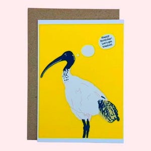Può includere: Biglietto di auguri con un'illustrazione di un ibis bianco australiano su sfondo giallo. L'uccello ha un lungo becco nero curvo e zampe nere. Il testo in un fumetto recita: "Happy Birthday! Let's get trashed."