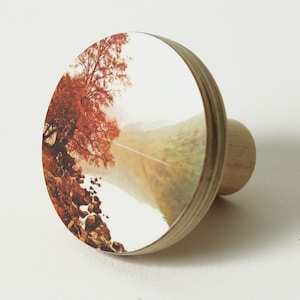 Puede incluir: Un pomo redondo de madera con una escena de naturaleza impresa en la parte delantera. La escena presenta un árbol con hojas rojas y un lago en el fondo.