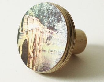 Decorative knobs, Dresser pulls, Round knobs, Landscape print, Vintage bridge